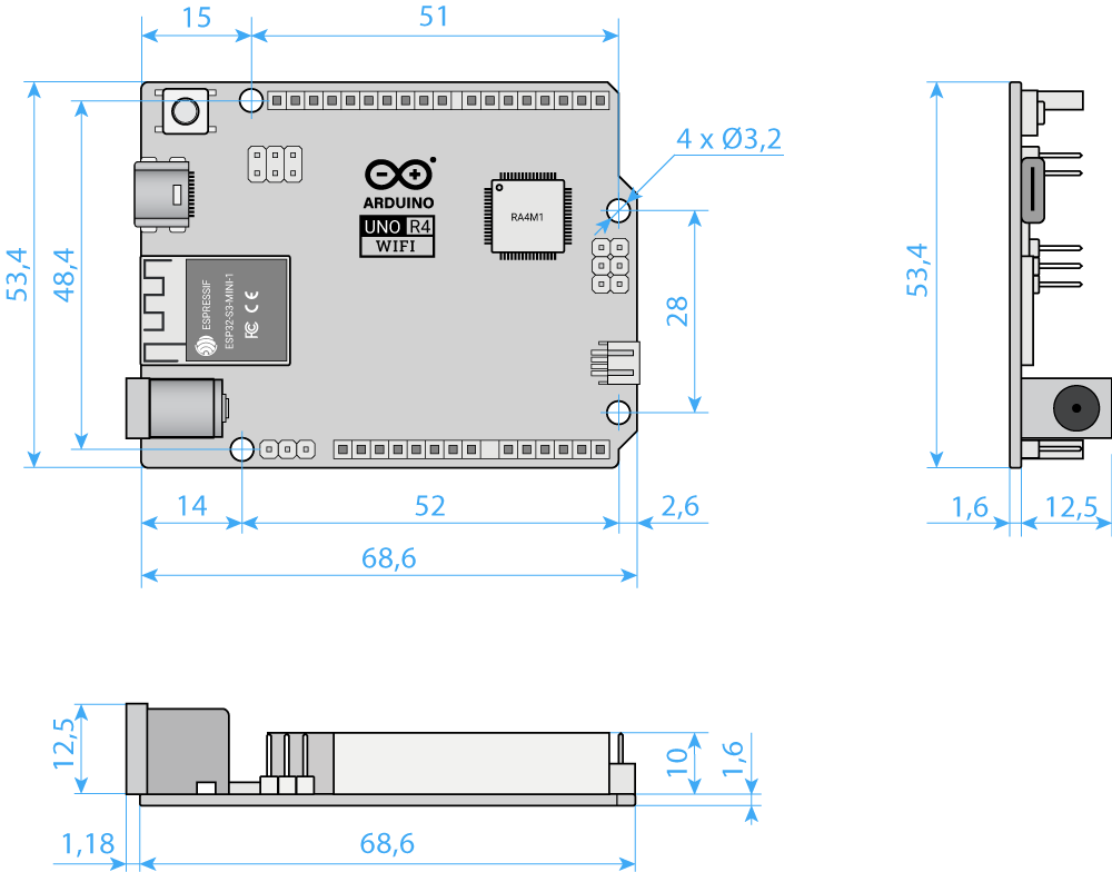 Arduino Uno R4 Wi-Fi Original Dimensions Arduino Uno R4 Wi-Fi Original Dimensions